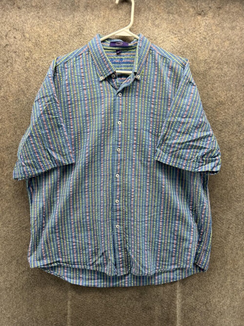 Alan Flusser Shirt Mens XL Blue Striped Short Sleeve Button Front Casual